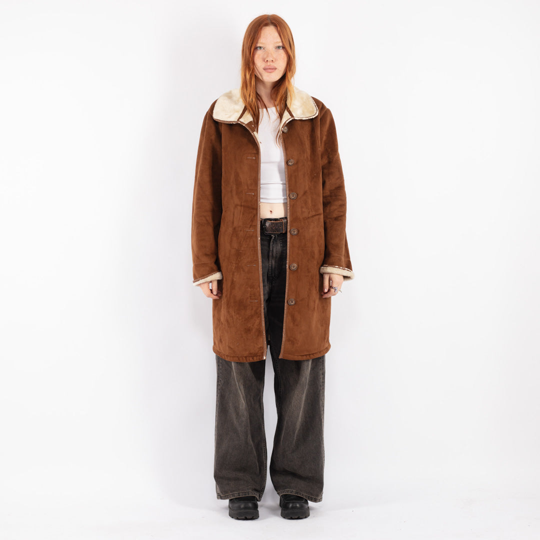 Vintage 90's Women Faux Sheepskin Coat in Brown