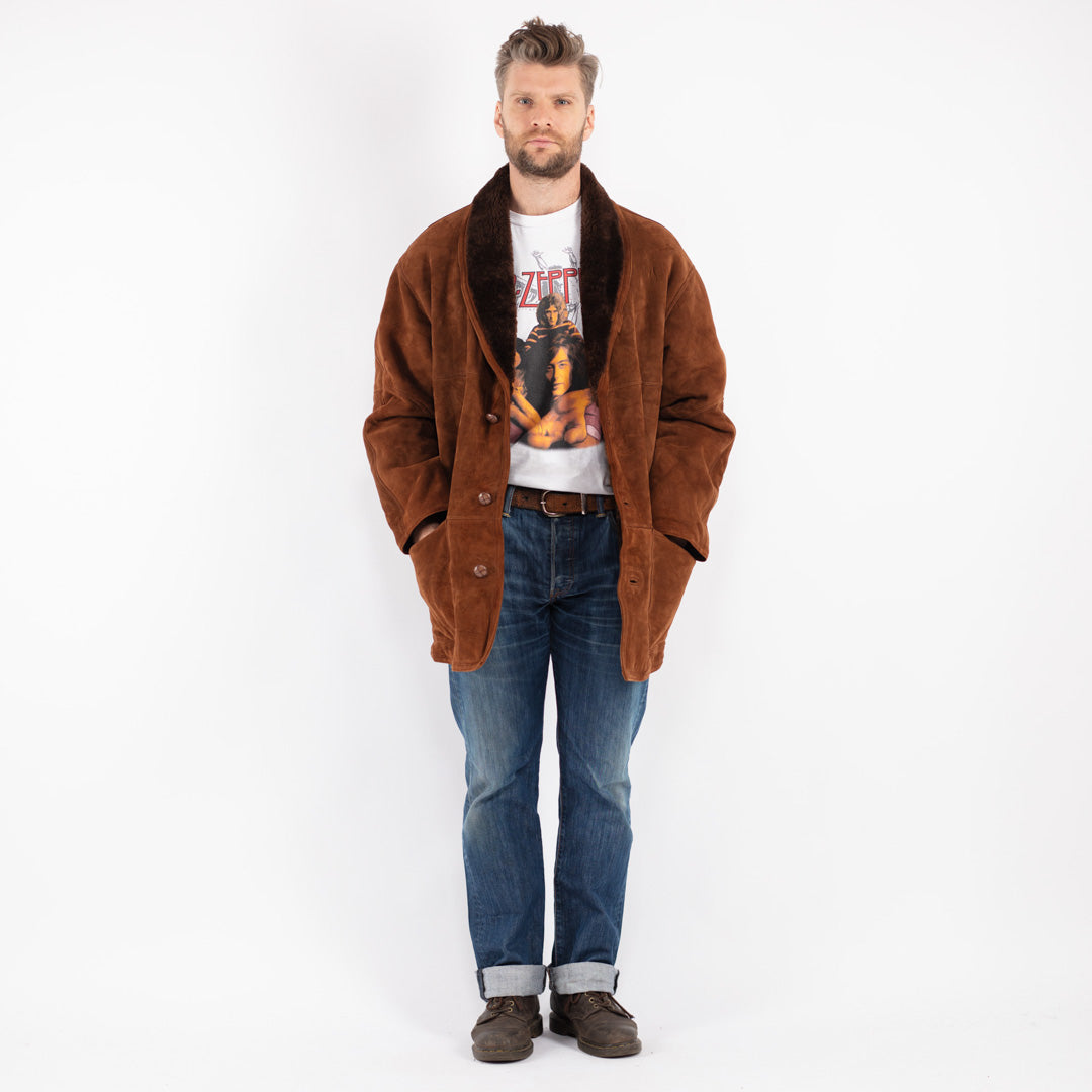 Vintage Men Sheepskin Shearling Coat in Brown