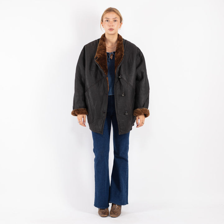 Vintage 80's Women Sheepskin Shearling Coat in Black