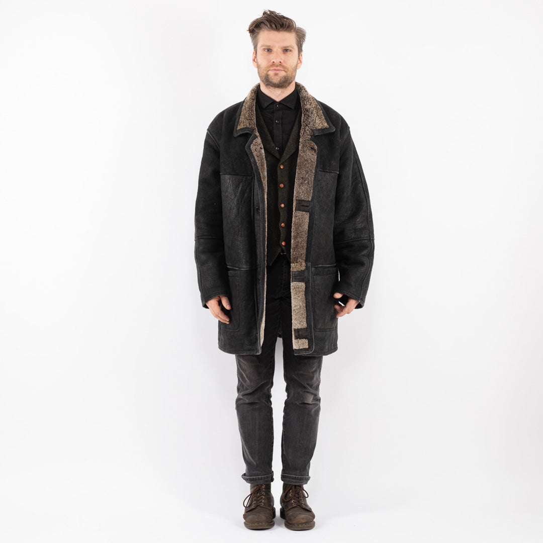 Vintage 90's Men Sheepskin Coat in Black