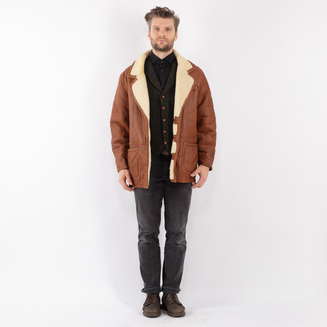 Vintage 80's Men Sheepskin Shearling Coat in Brown