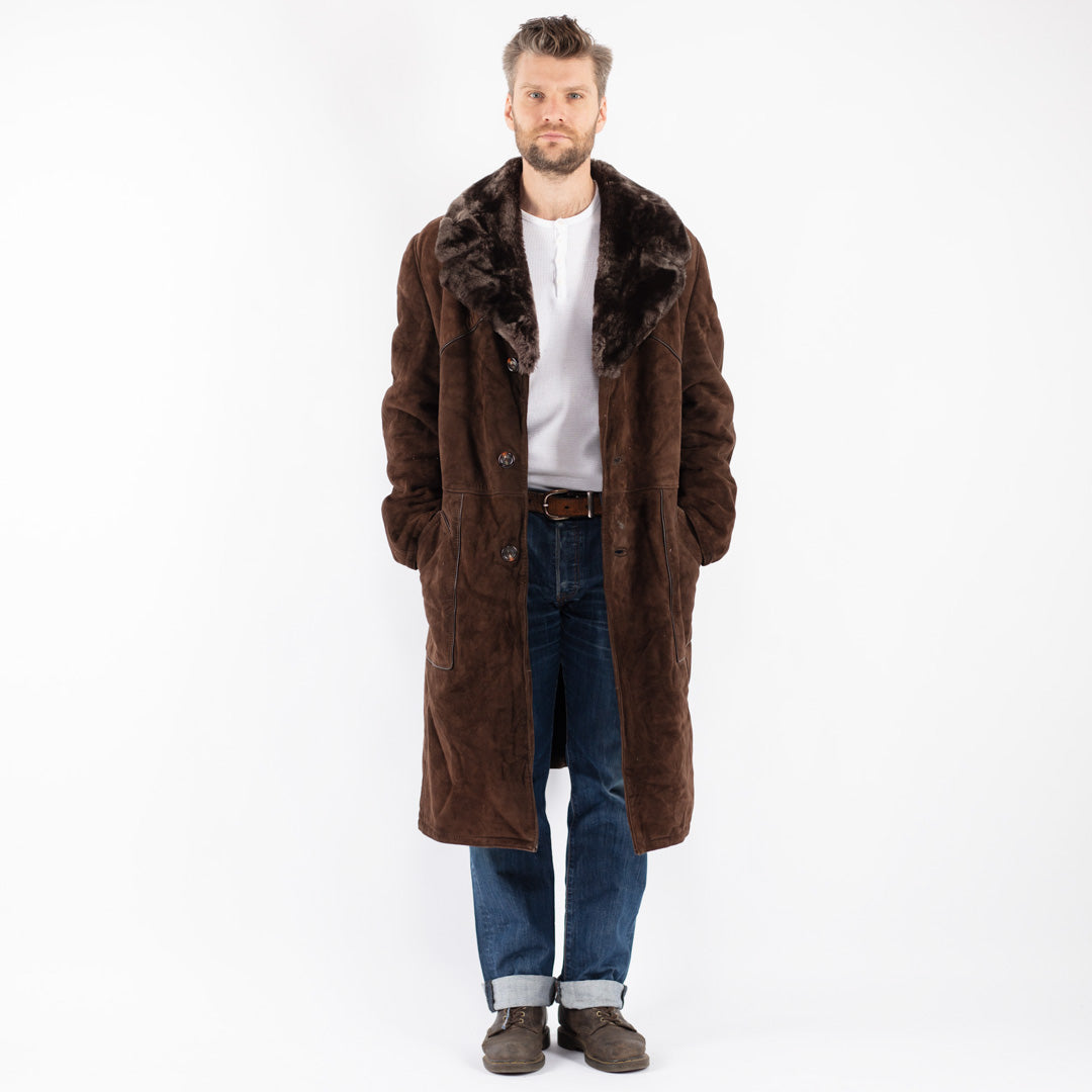 Vintage 70's Men Sheepskin Shearling Coat in Brown