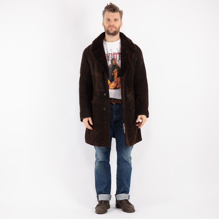 Vintage Men Sheepskin Shearling Coat in Brown