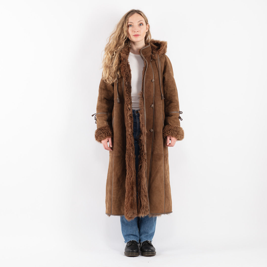 Vintage 80's Women Sheepskin Shearling Coat in Brown