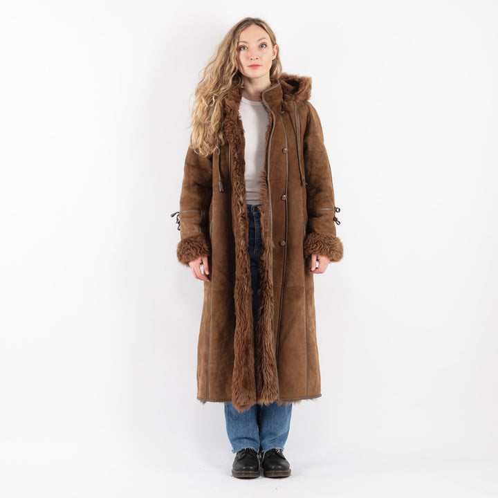 Vintage 80's Women Sheepskin Shearling Coat in Brown
