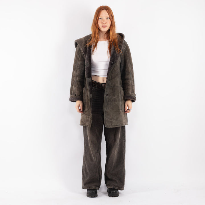 Vintage 80's Women Sheepskin Coat in Gray