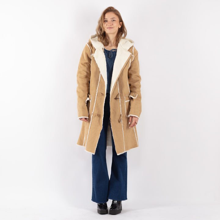 Vintage 90's Women Faux Sheepskin Coat in Beige