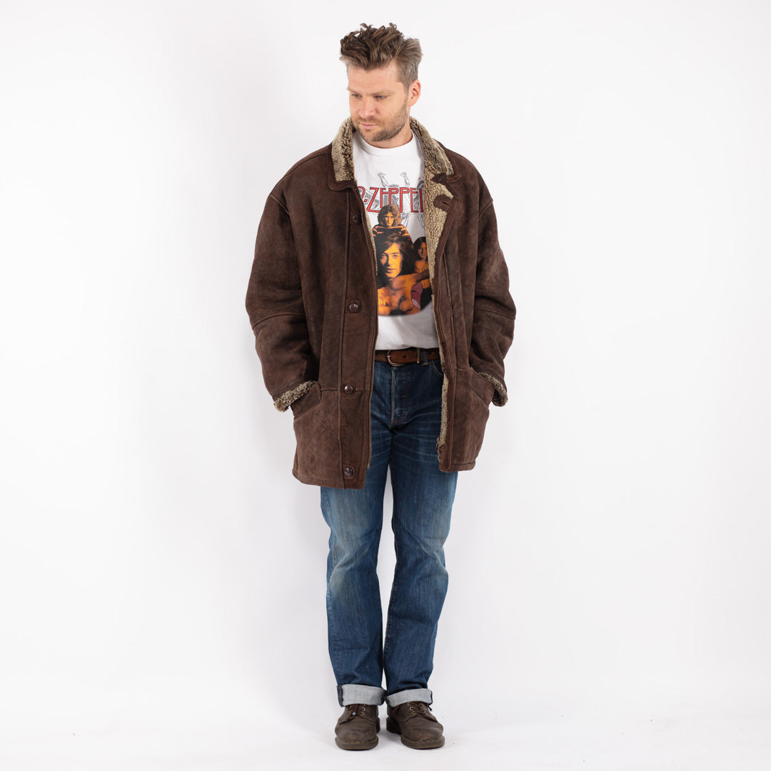 Vintage Men Sheepskin Shearling Coat in Brown