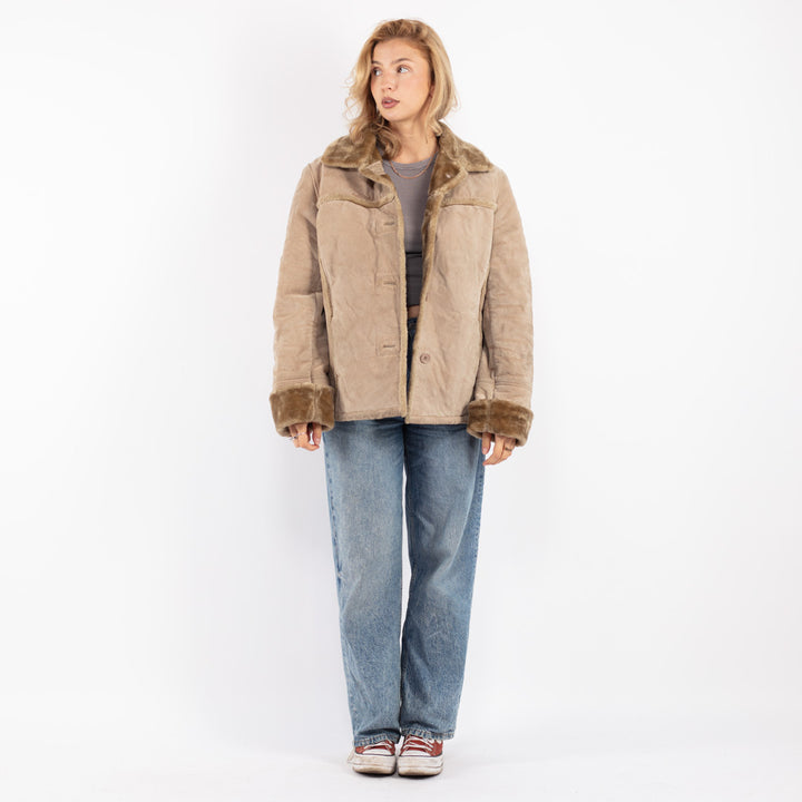 Vintage 90's Women Suede Sherpa Jacket in Beige