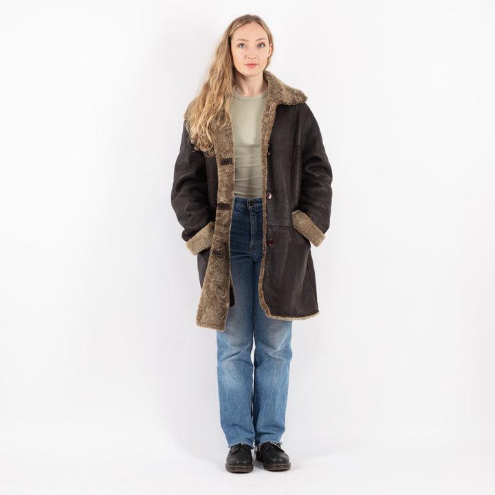 Vintage 90's Women Sheepskin Shearling Coat in Brown