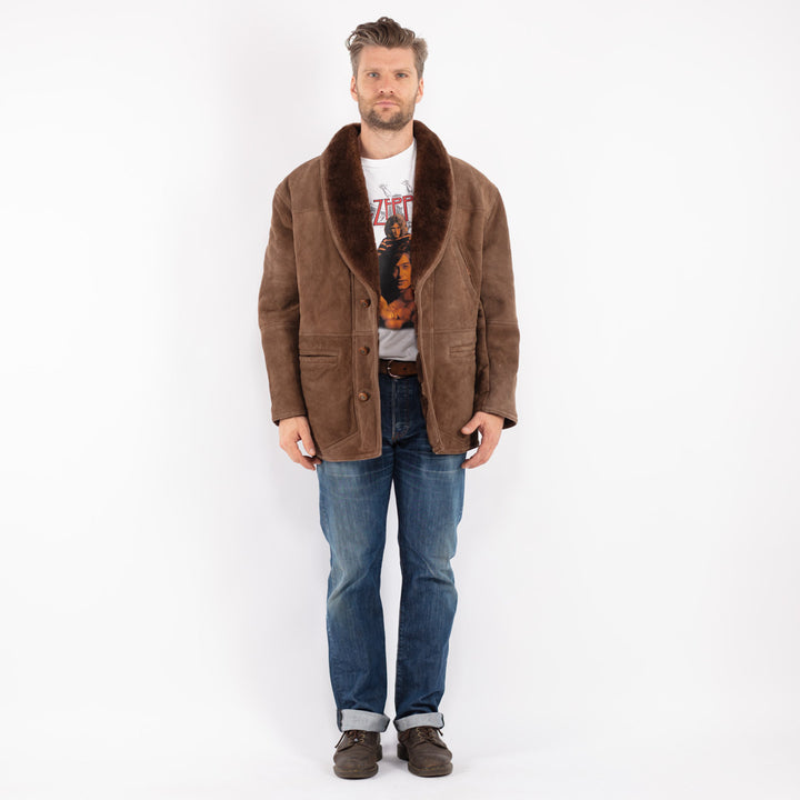 Vintage 70's Men Sheepskin Shearling Coat in Brown