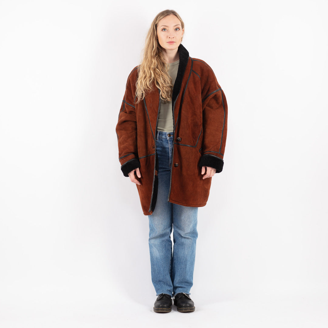 Vintage 80's Women Sheepskin Shearling Coat in Brown