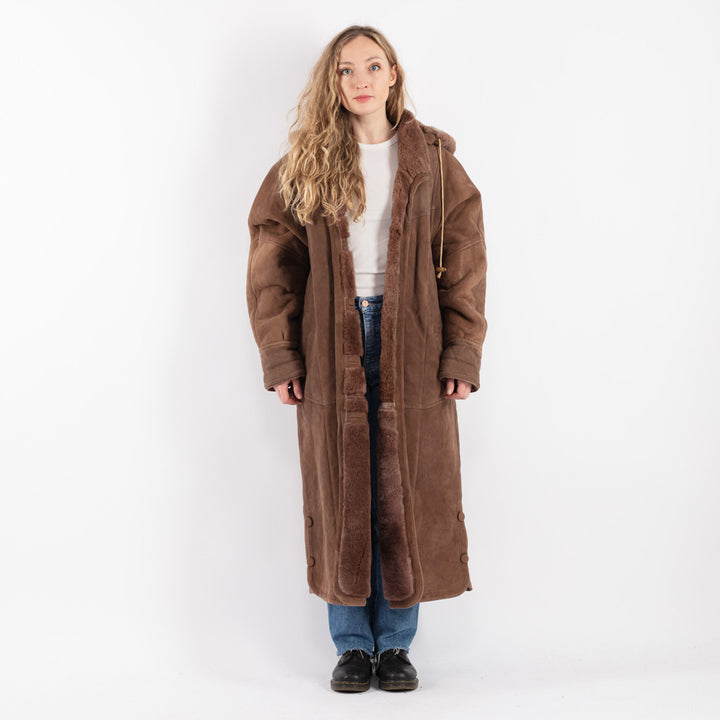 Vintage 90's Women Hooded Sheepskin Long Coat in Brown