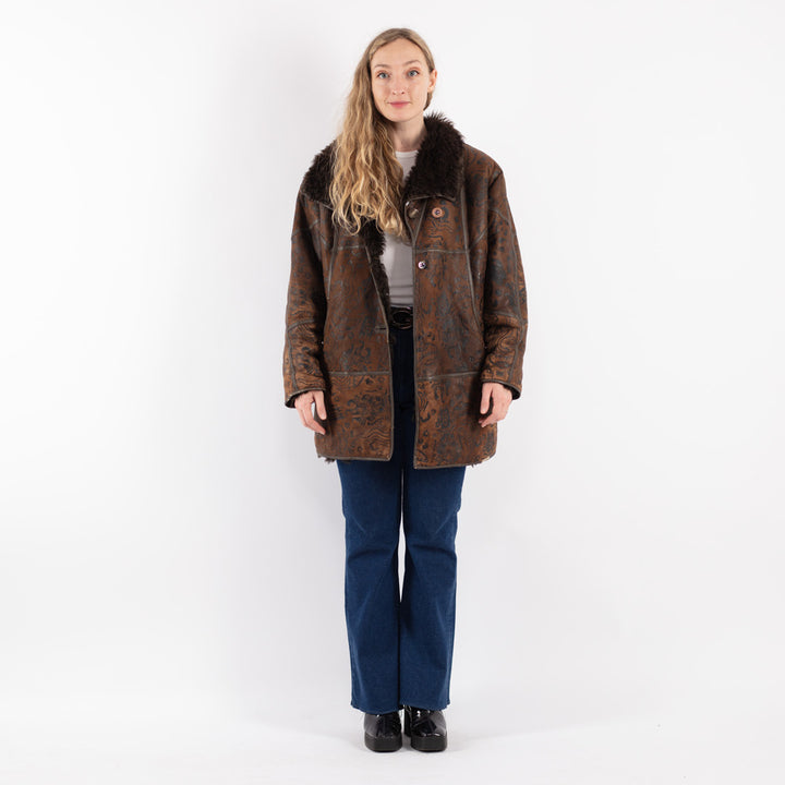 Vintage 80's Women Sheepskin Shearling Coat in BrownV8815