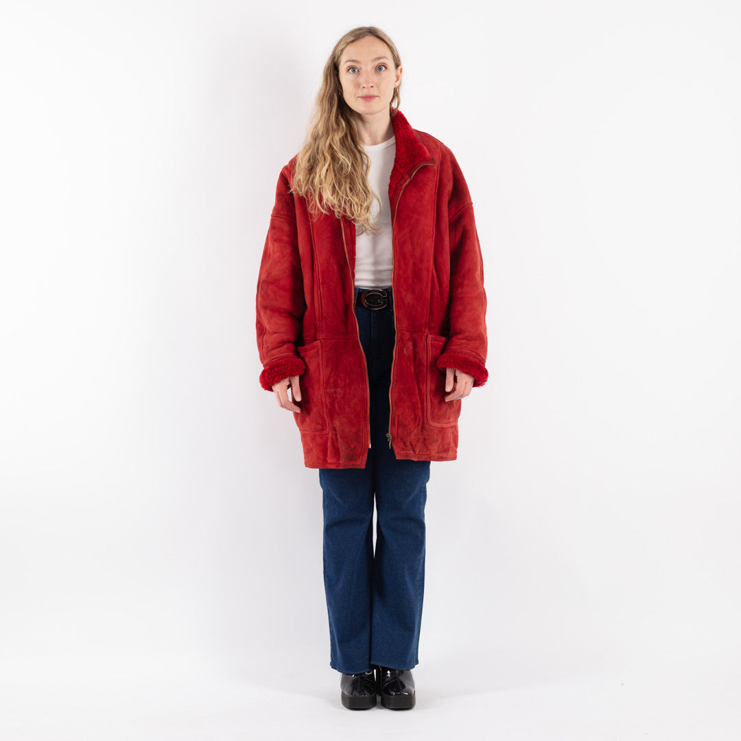 Vintage 80's Women Sheepskin Shearling Coat in Red