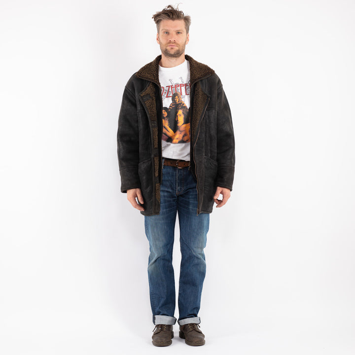 Vintage Men Sheepskin Coat in Black