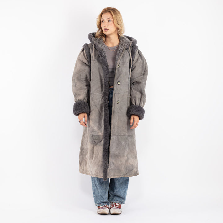 Vintage 80's Women Sheepskin Shearling Coat in Gray