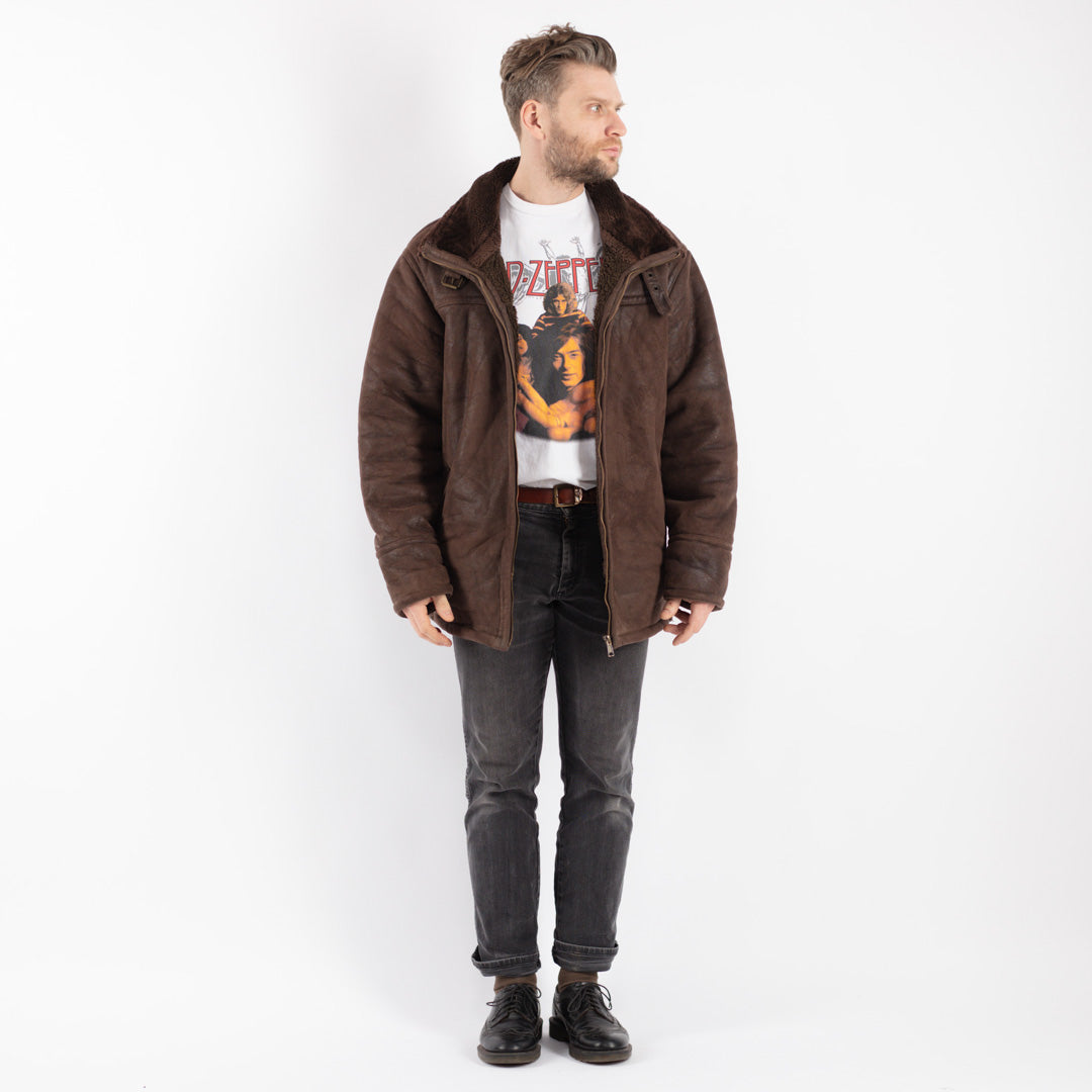 Vintage 90's Men Faux Sheepskin Coat in Brown