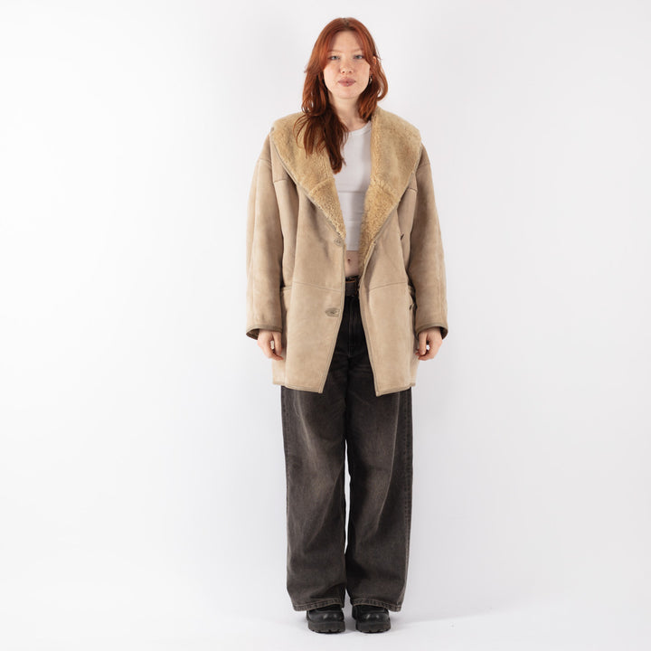 Vintage 80's Women Sheepskin Coat in Beige