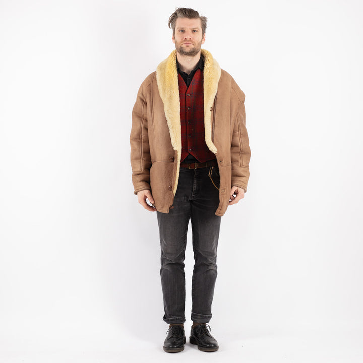 Vintage 80's Men Sheepskin Shearling Coat in Beige