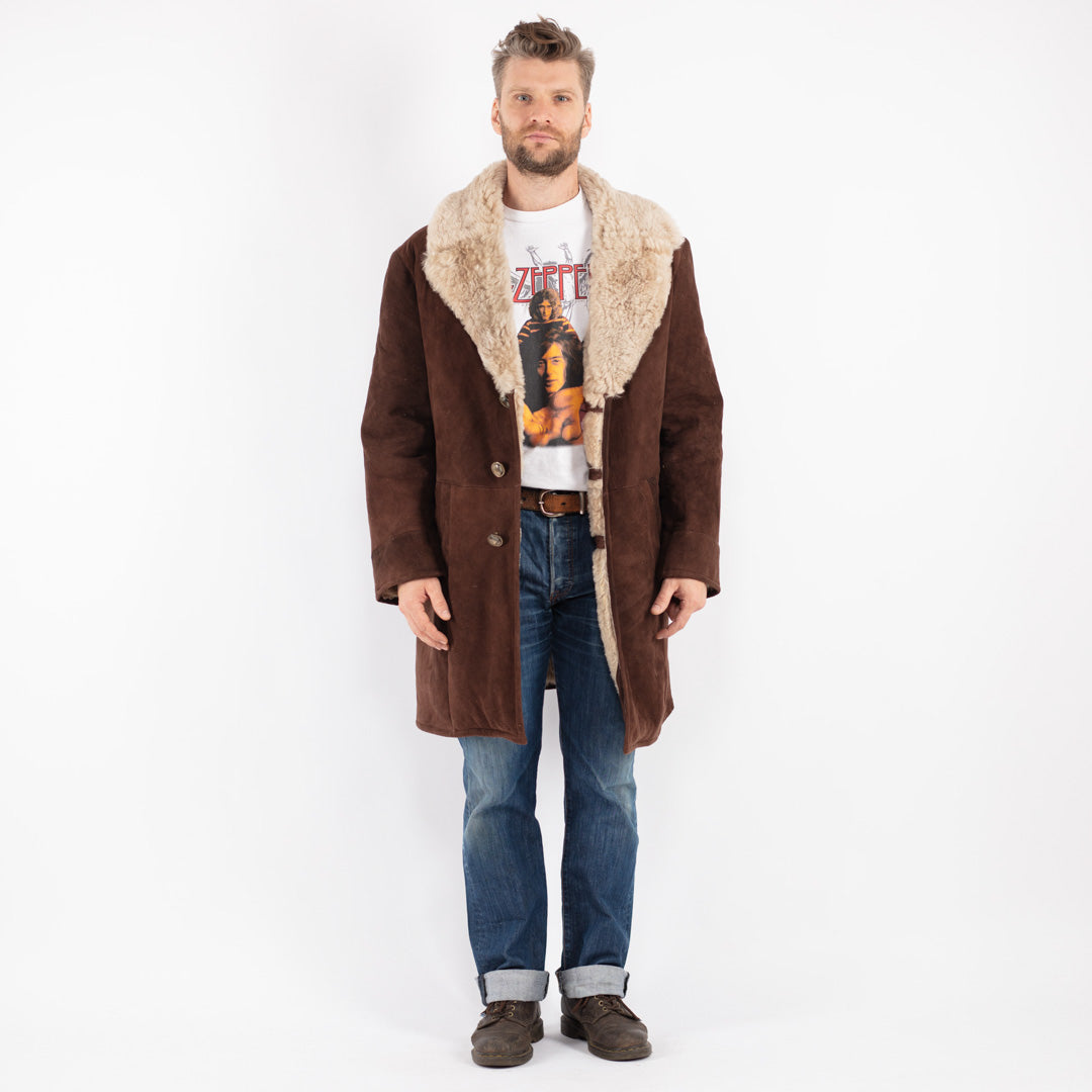 Vintage 70's Men Sheepskin Shearling Coat in Brown