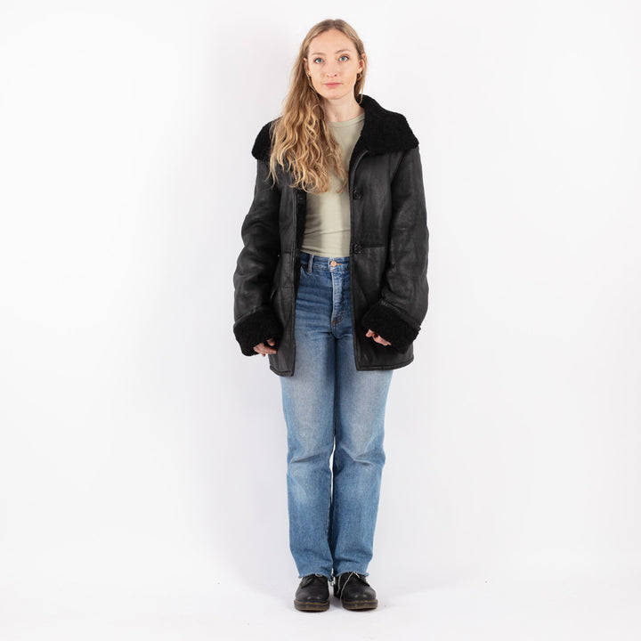 Vintage 80's Women Sheepskin Coat in Black
