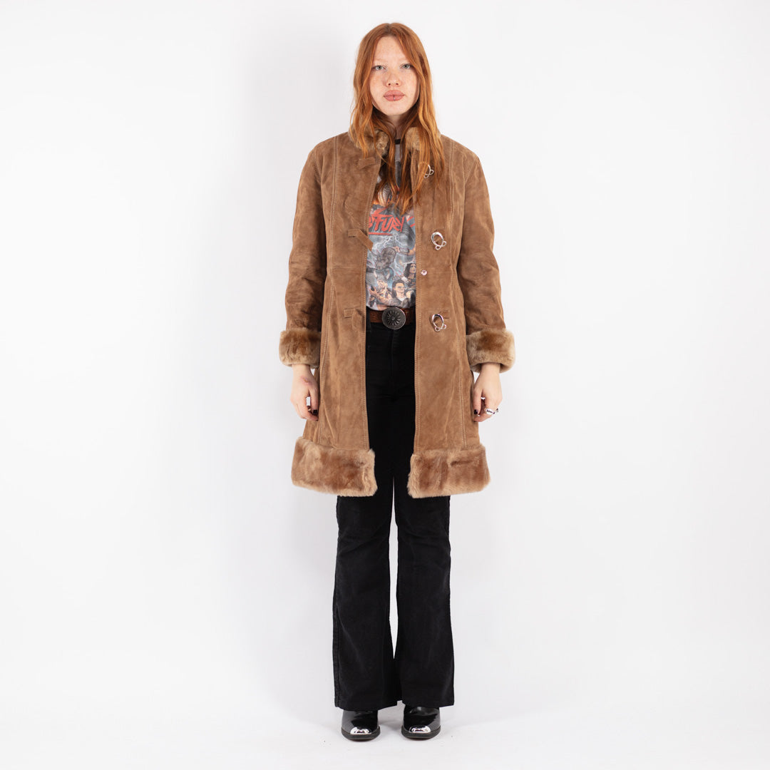 Vintage 70's Women Suede Sherpa Coat in Beige