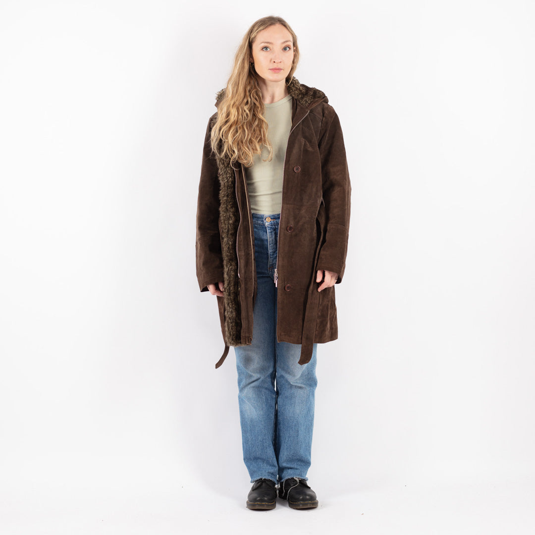 Vintage 90's Women Suede Sherpa Coat in Brown