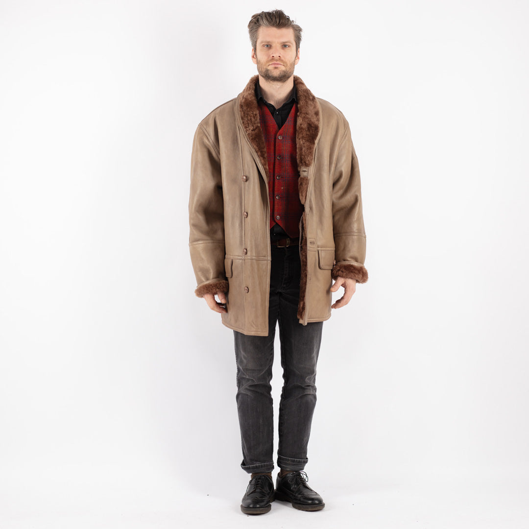 Vintage 80's Men Sheepskin Shearling Coat in Beige