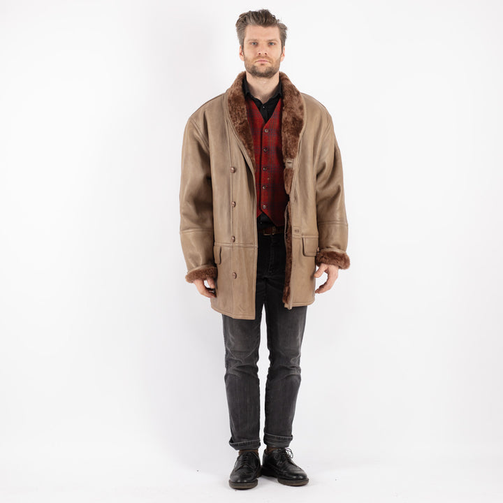 Vintage 80's Men Sheepskin Shearling Coat in Beige