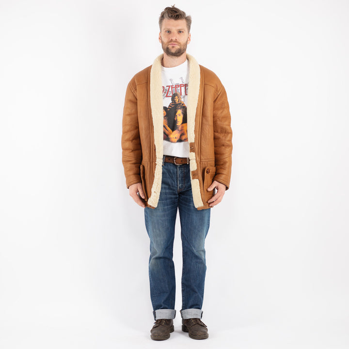 Vintage 80's Men Sheepskin Shearling Coat in Brown