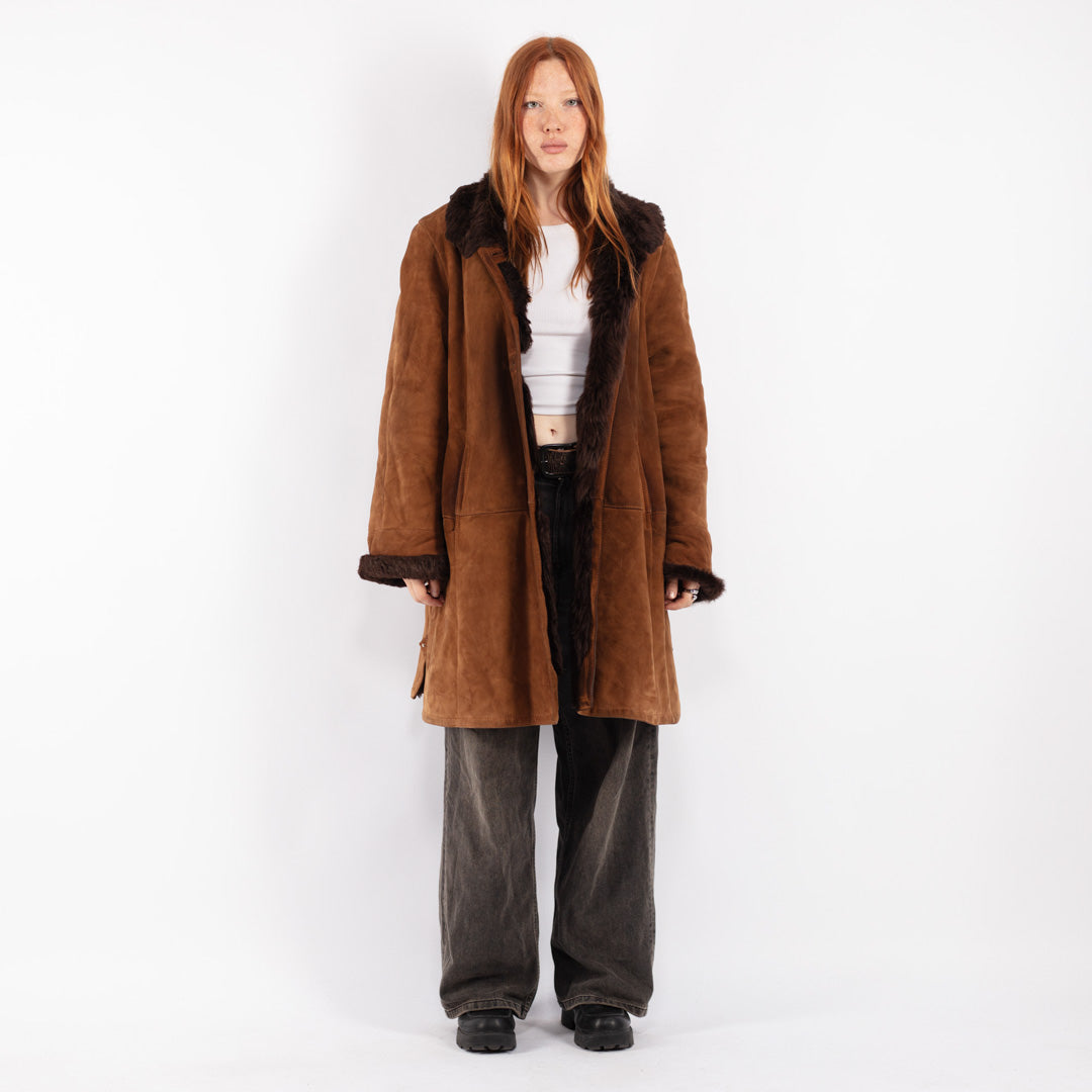 Vintage 80's Women Sheepskin Shearling Coat in Brown