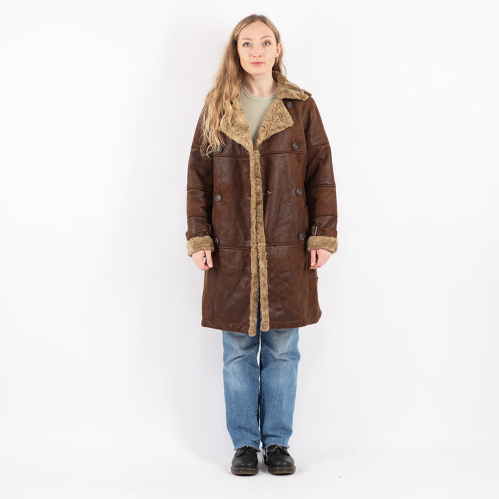 Vintage 90's Women Faux Sheepskin Coat in Brown