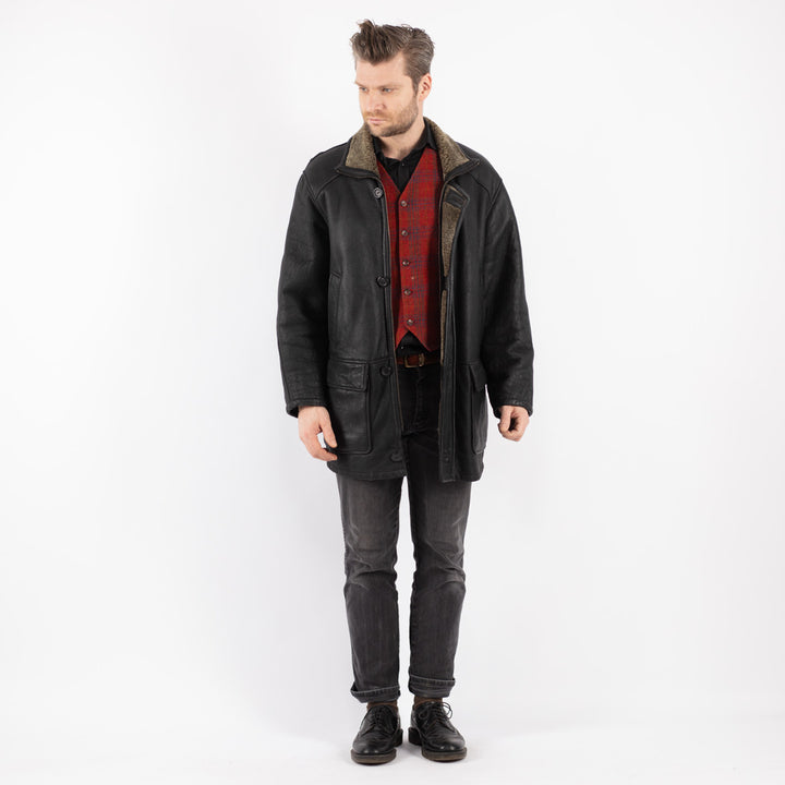 Vintage 90's Men Sheepskin Coat in Black