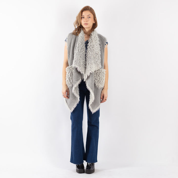 Vintage 90's Women Faux Sheepskin Vest in Gray