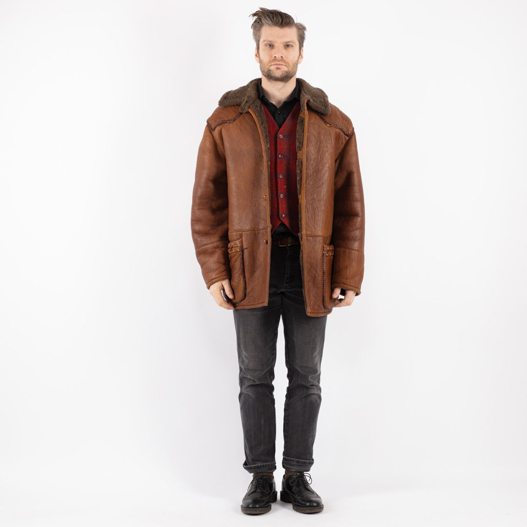 Vintage 80's Men Sheepskin Shearling Coat in Brown