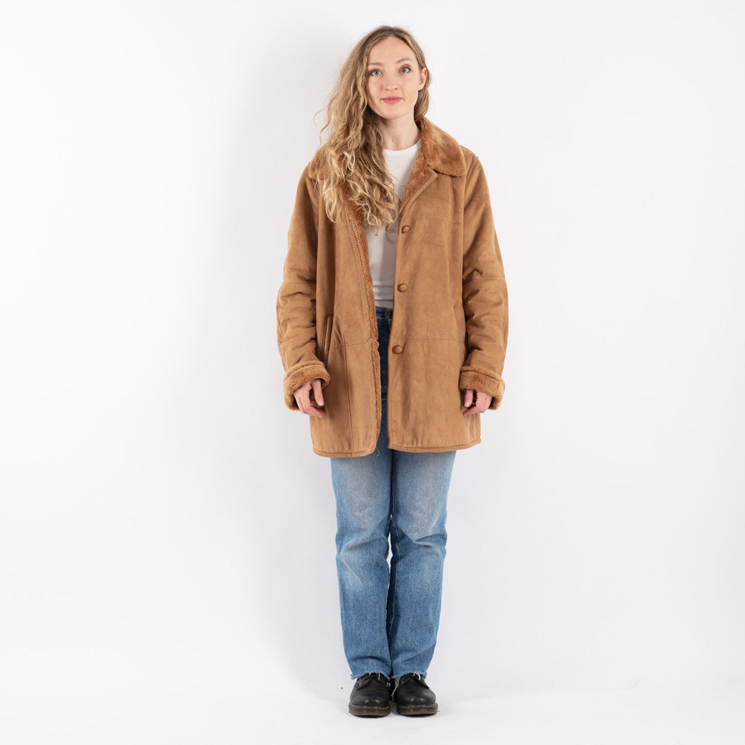 Vintage 90's Women Faux Sheepskin Coat in Brown