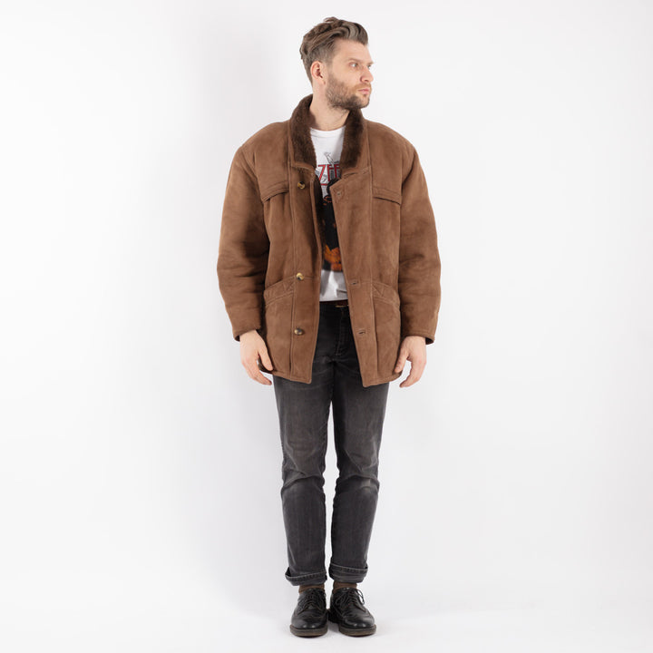 Vintage 80's Men Sheepskin Shearling Coat in Beige