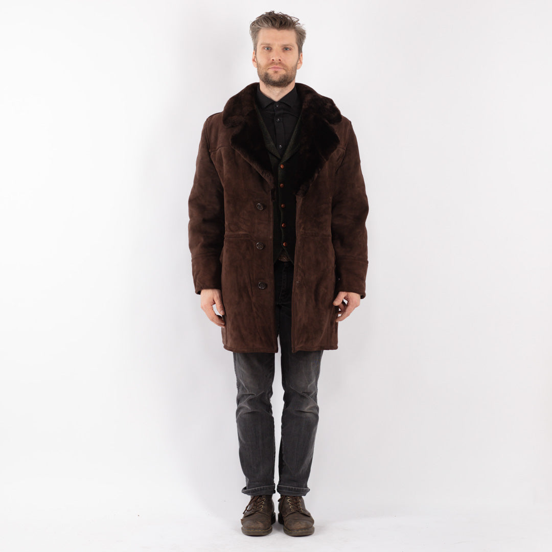 Vintage 70's Men Sheepskin Shearling Coat in Brown