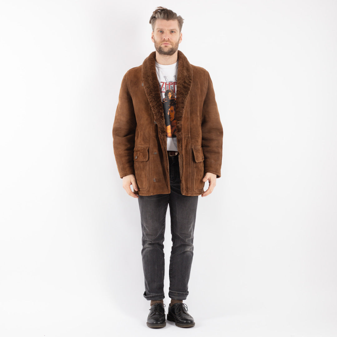 Vintage 90's Men Sheepskin Shearling Coat in Brown