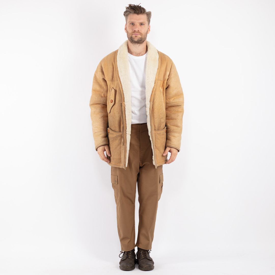 Vintage 80's Men Sheepskin Coat in Beige