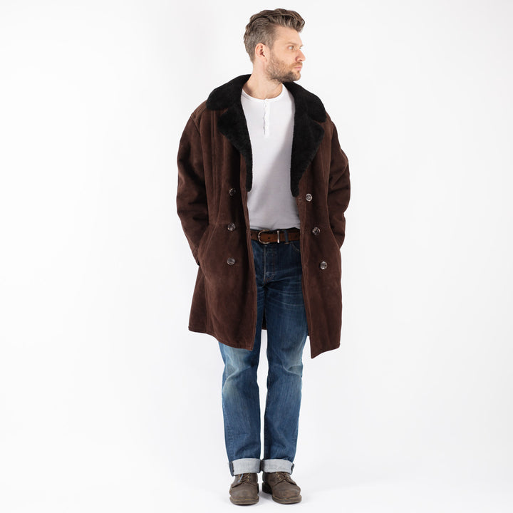 Vintage 70's Men Sheepskin Shearling Coat in Brown