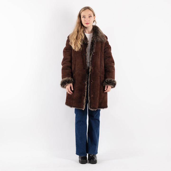 Vintage 80's Women Sheepskin Shearling Coat in Brown