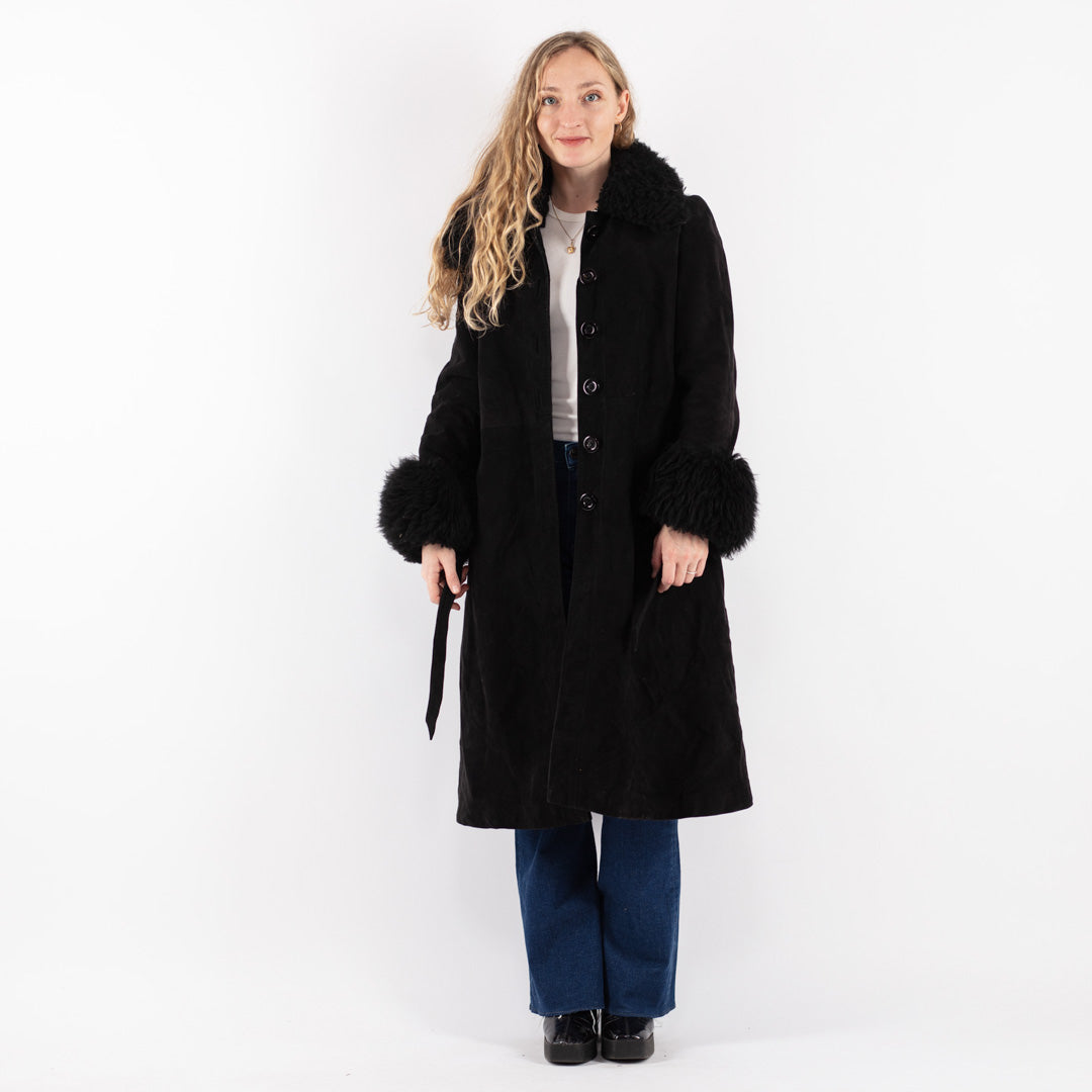 Vintage 70's Women Suede Sherpa Coat in BlackV8629