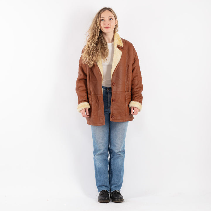 Vintage 80's Women Sheepskin Shearling Coat in Brown