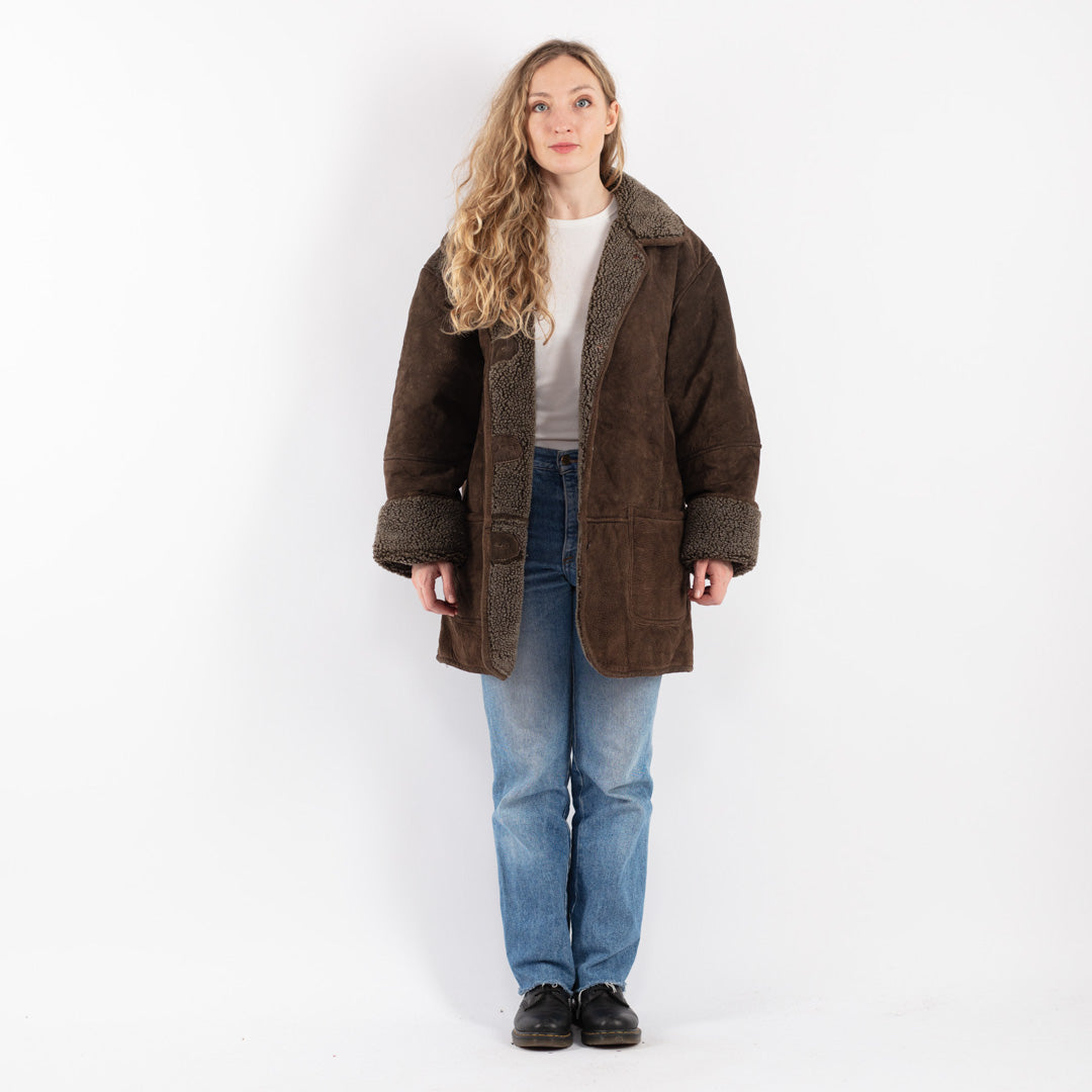 Vintage 90's Women Suede Sherpa Coat in Brown