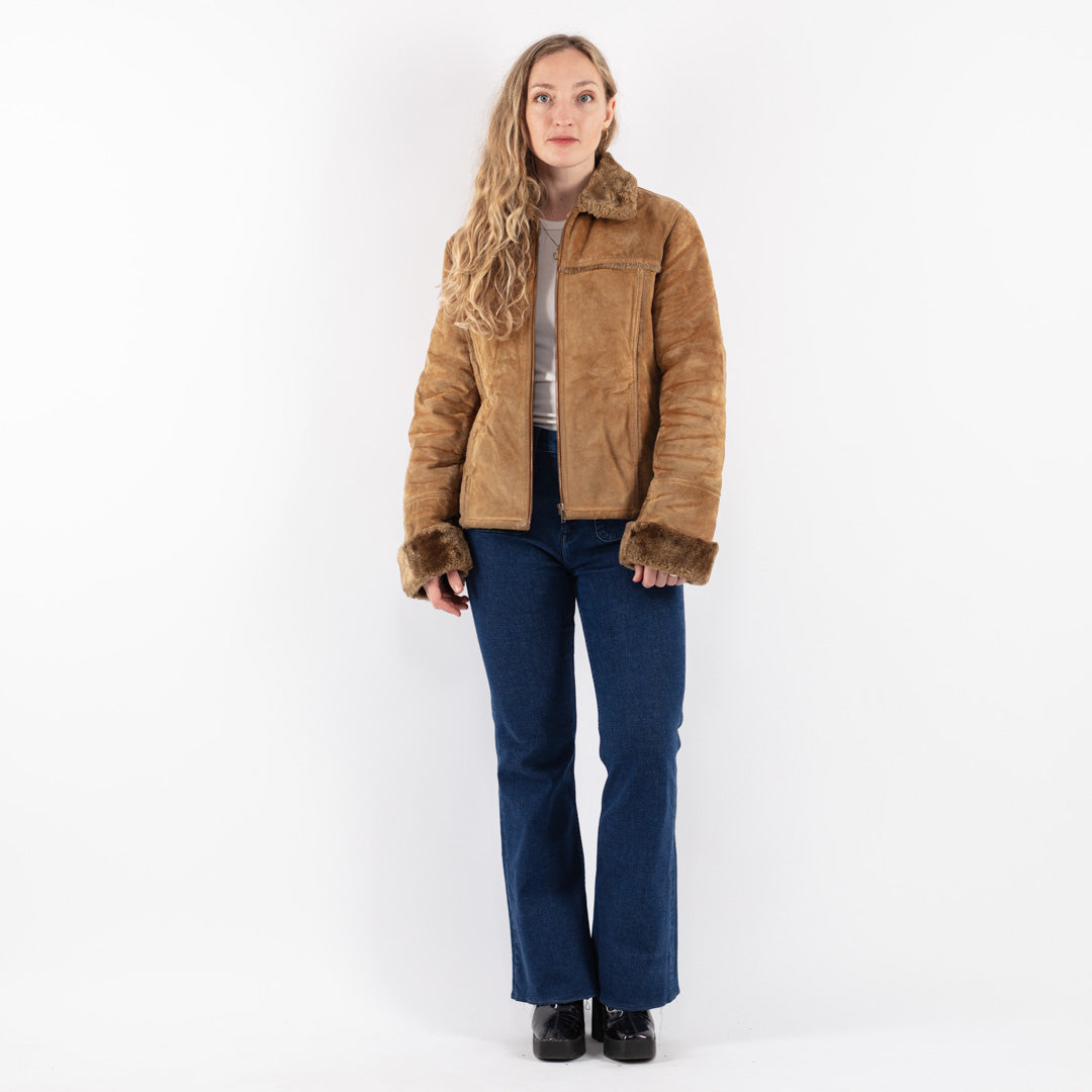Vintage 90's Women Suede Sherpa Jacket in Beige