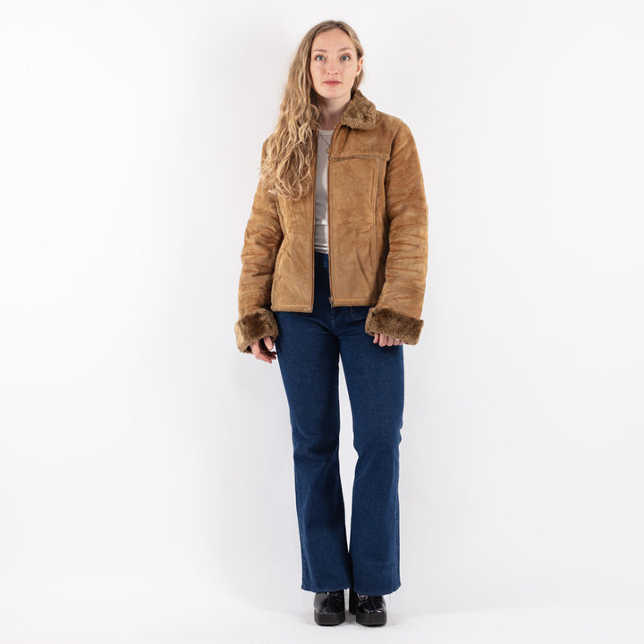 Vintage 90's Women Suede Sherpa Jacket in Beige