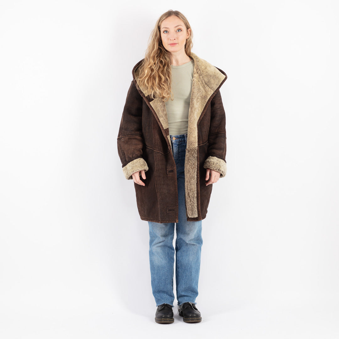 Vintage 90's Women Sheepskin Shearling Coat in Brown