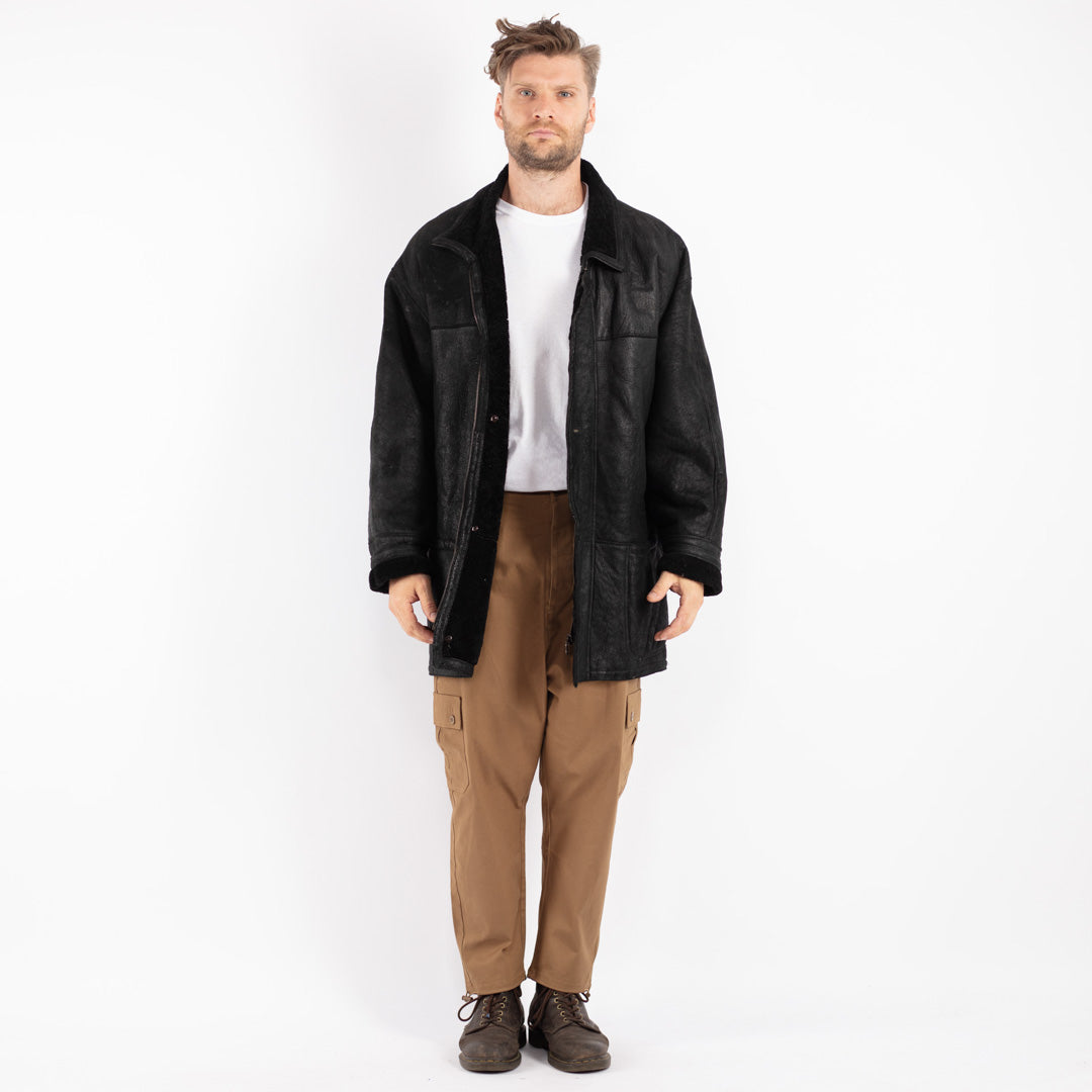 Vintage 90's Men Sheepskin Coat in Black